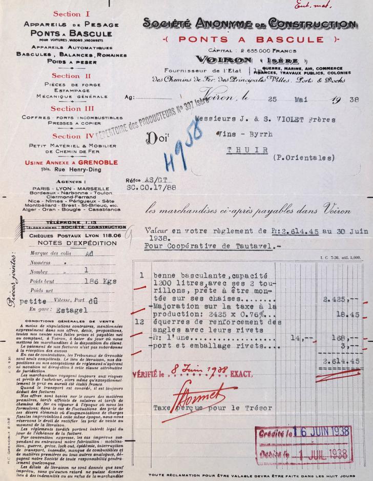 Facture de la société Ponts à Bascule Voiron en 1938